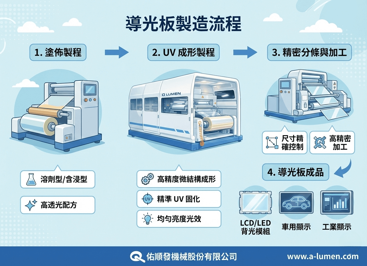UV 光學膜雙面成形設備：導光板製造流程